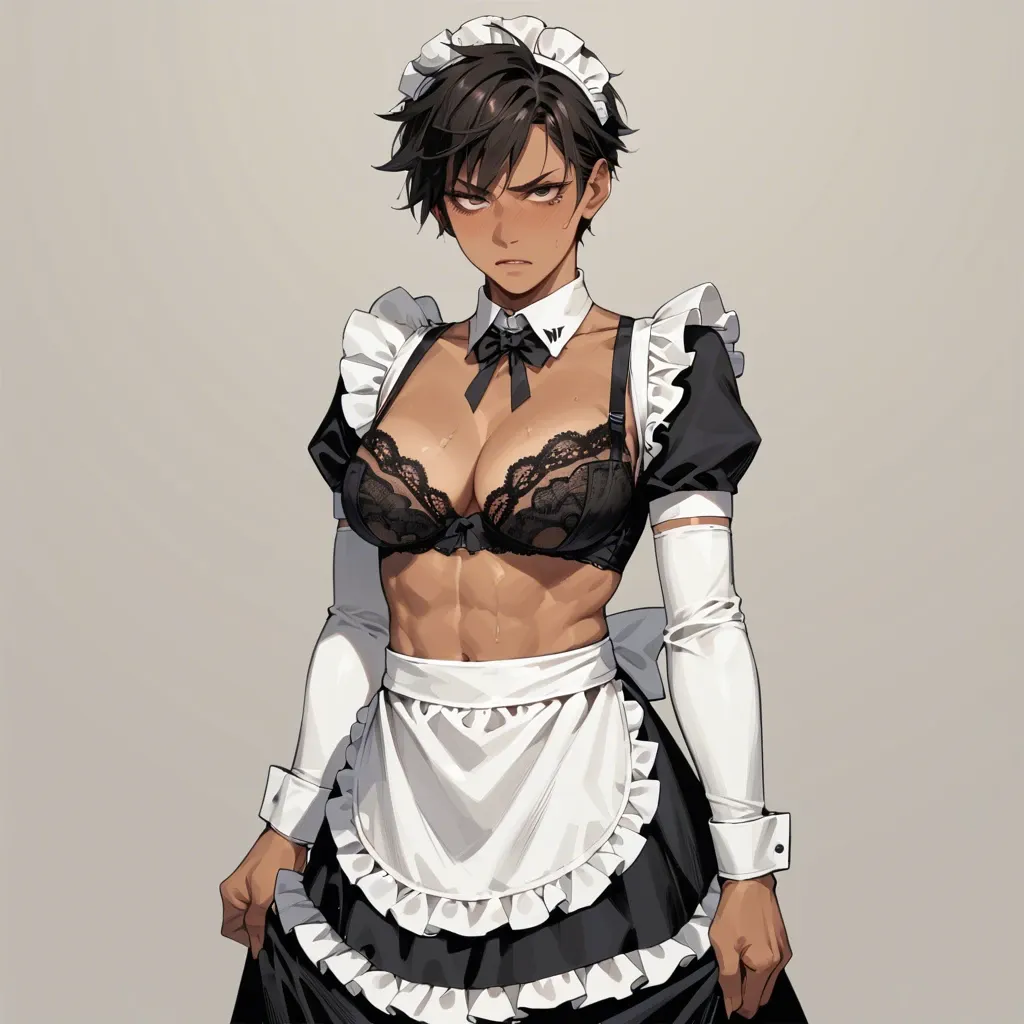 costume, tomboy, black lace bra, breast, tan, standing, maid