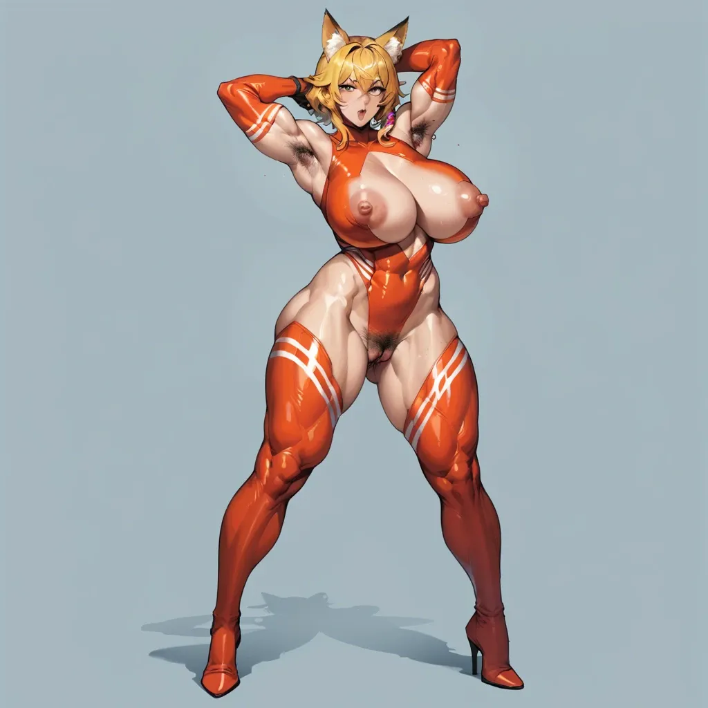 rockcandy, fox girl, full-body bodysuit, pussy cutout, armpits cutout, muscle, yellow hair, crossed bangs, huge breasts, huge nipple bulge, huge hips, excessive pubic hair, hairy armpits