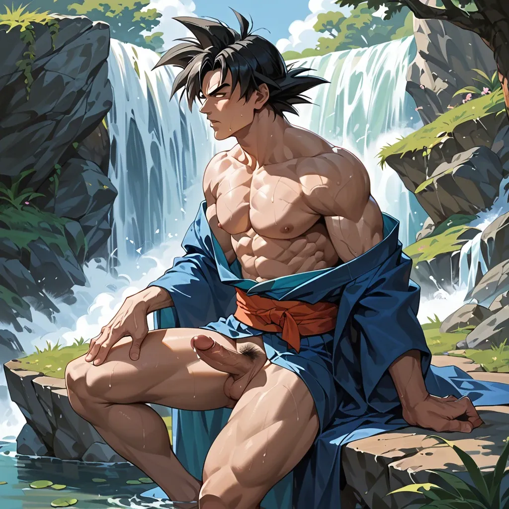 Male Goku coming out of a waterfall wearing a kimono