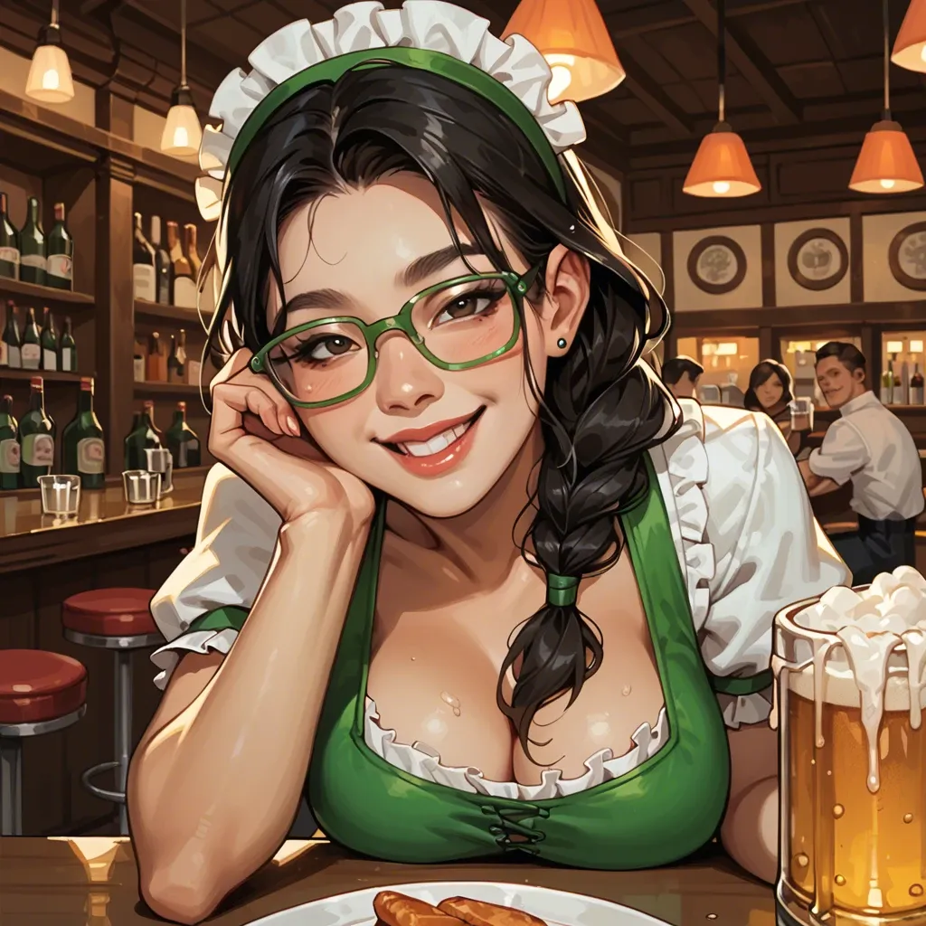 Asian waitress Fuckdoll, black high-stacked hair, green Dirndl, pub, 1girl solo, Beer glasses, smiling, flirting, pov, portrait