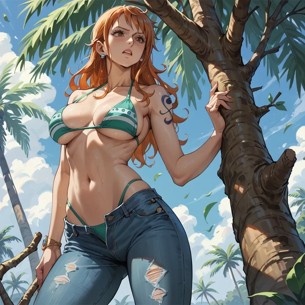 nami one piece, normal bikini, jeans pants, bikini up show breasts, climb tree branch