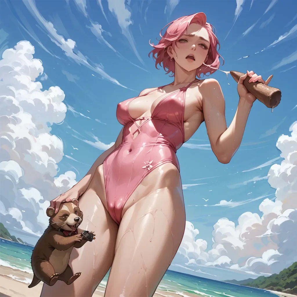 An anime woman in a pink open swimsuit, straight, pink hair, holding a beaver in her hands, on the beach, holding a beaver in her hands and an inscription below the style of the painting "Bobr Kurwa"