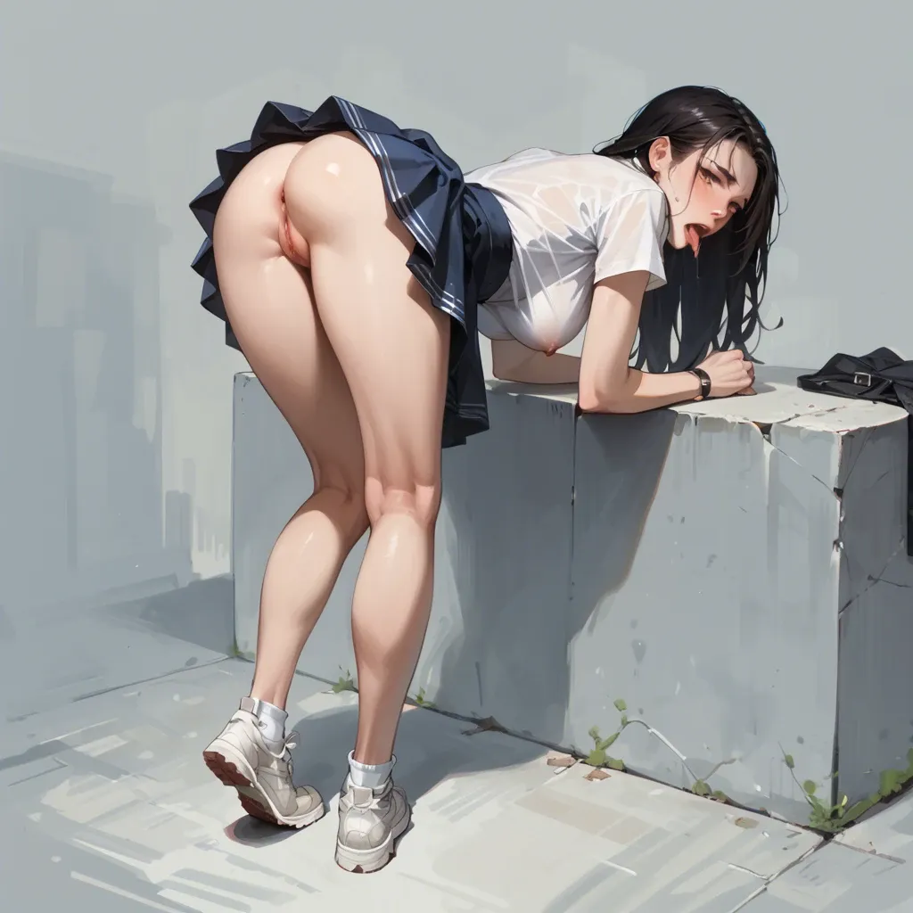 a cute girl stands slightly bent over and lifted her skirt. the second one stands behind her on her knees and licks the first one's ass