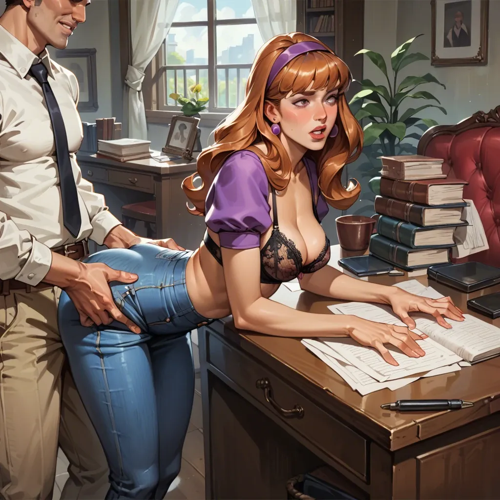 1girl,1boy, , , , cheeks,anal fingering,saggy breasts,pec,dark-skinned, tight jeans,lace bra,panties visible,mini skirt bra, office room, daphne blake, medieval dress, hands on table, lara croft, spider-gwen, hinata hyuuga