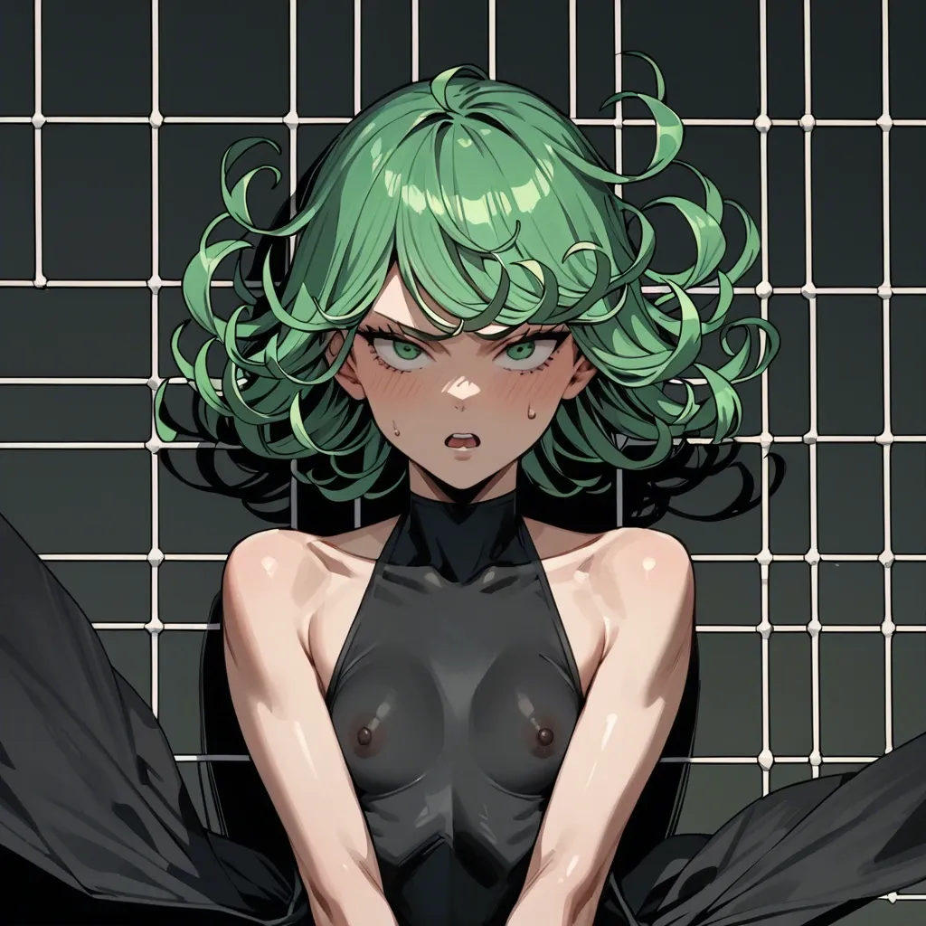 1girl, solo, , , , character tatsumaki, perfect face, (beautiful green eyes), shock, skinny, in black dress, multiple view, multiple art, comic grid