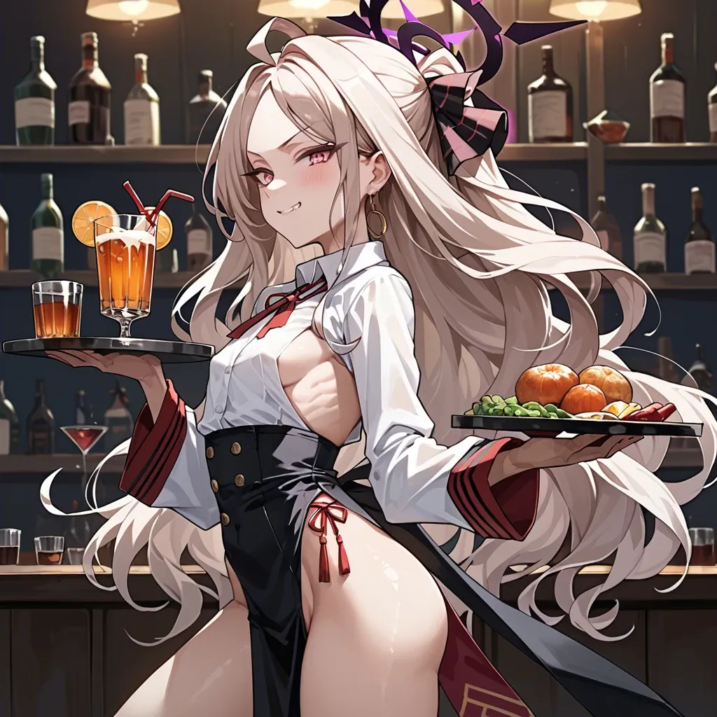 mai arti, side view, hina (blue archive), bartender suit, smug, white shirt, sleeves, sideboob, high-waist loincloth, highleg, tray, flat chest, puffy boobs