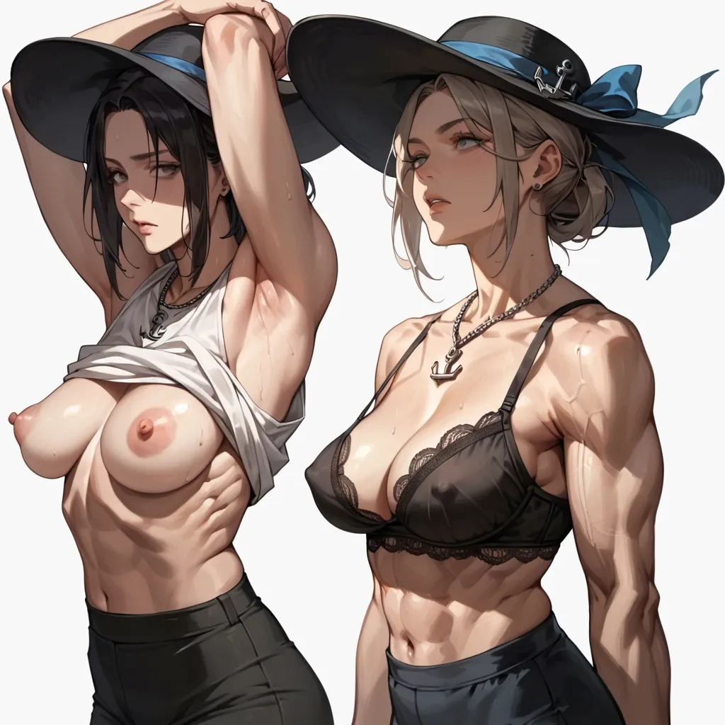 2girl, , , , clear eyes,armpits,erect nipples,from waist up,tank, large nose,5 finger,saggy breasts,back muscles,buried knees, shirt lifted up,anchor necklace,black hat,lace bra,ballet shoes, torn jeans,lace tights,gloves,panties,strappy sandals, palace bedroom, alley, medieval, holding dildo, painted, shadows, rapunzel, nami