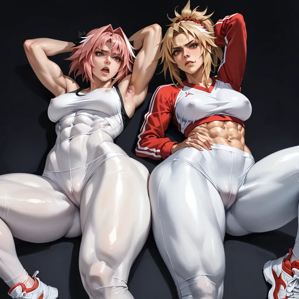 2 girls (astolfo and mordred), sportwear, expressive eyes, lying on its side, tight clothes, detailed face, black background, do not show hands, massive ass, abs, High definition, good face