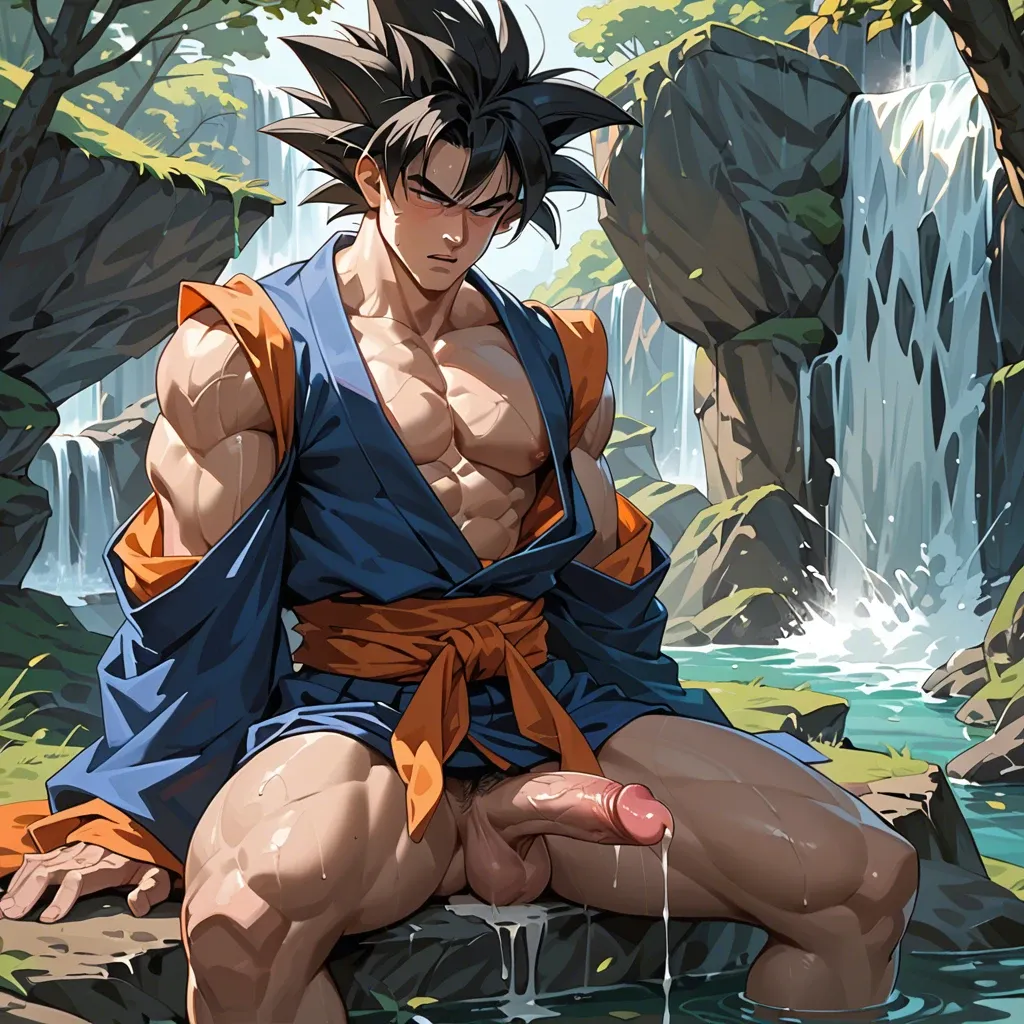 Male Goku coming out of a waterfall wearing a kimono