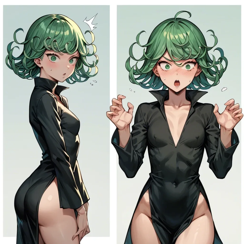 1girl, solo, , , , character tatsumaki, perfect face, (beautiful green eyes), shock,  surprised, skinny, in black dress, multiple view, multiple art, comic grid