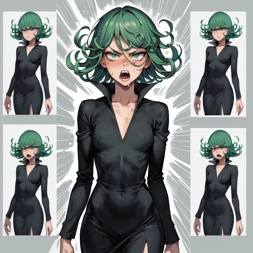 1girl, solo, , , , character tatsumaki, perfect face, (beautiful green eyes), angry, scream, skinny, in black dress, multiple view, multiple art, comic grid