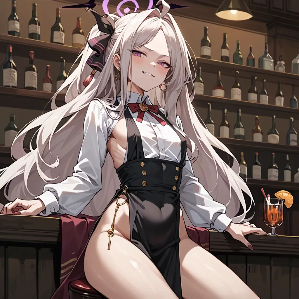 asukapainting, solo, hina (blue archive), sit, bartender suit, cat smug, white shirt, sideboob, high-waist loincloth, lifted loincloth, highleg, chastity piercing, flat chest, puffy boobs, puffy pussy