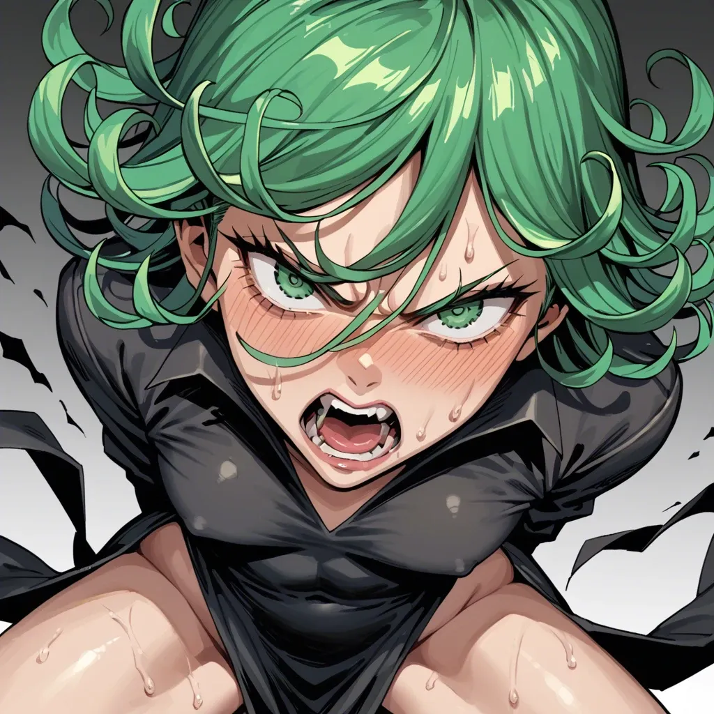 1girl, solo, , , , character tatsumaki, perfect face, (beautiful green eyes), angry, scream, in black dress, (face view), manga effects, multiple view, multiple art, comic grid