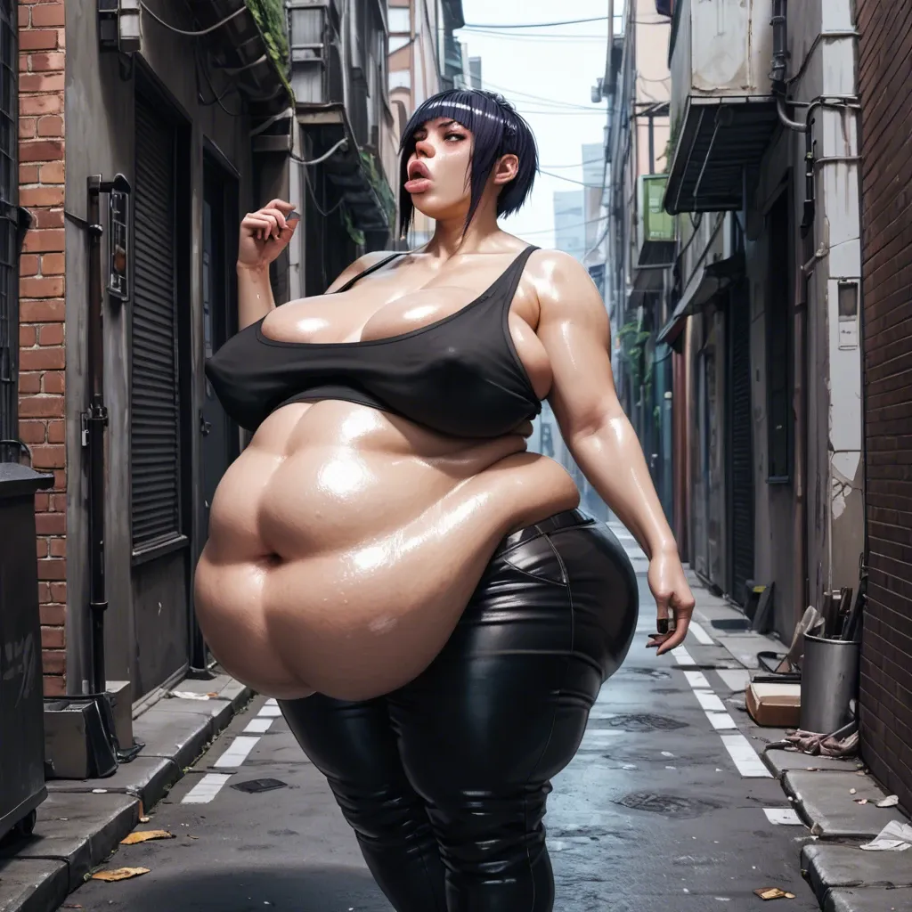 (3d cgi), (obese), (kyoka jiro), black tank top, punk clothes, shiny skin, hyper lips, big belly, sagging breasts, alleyway