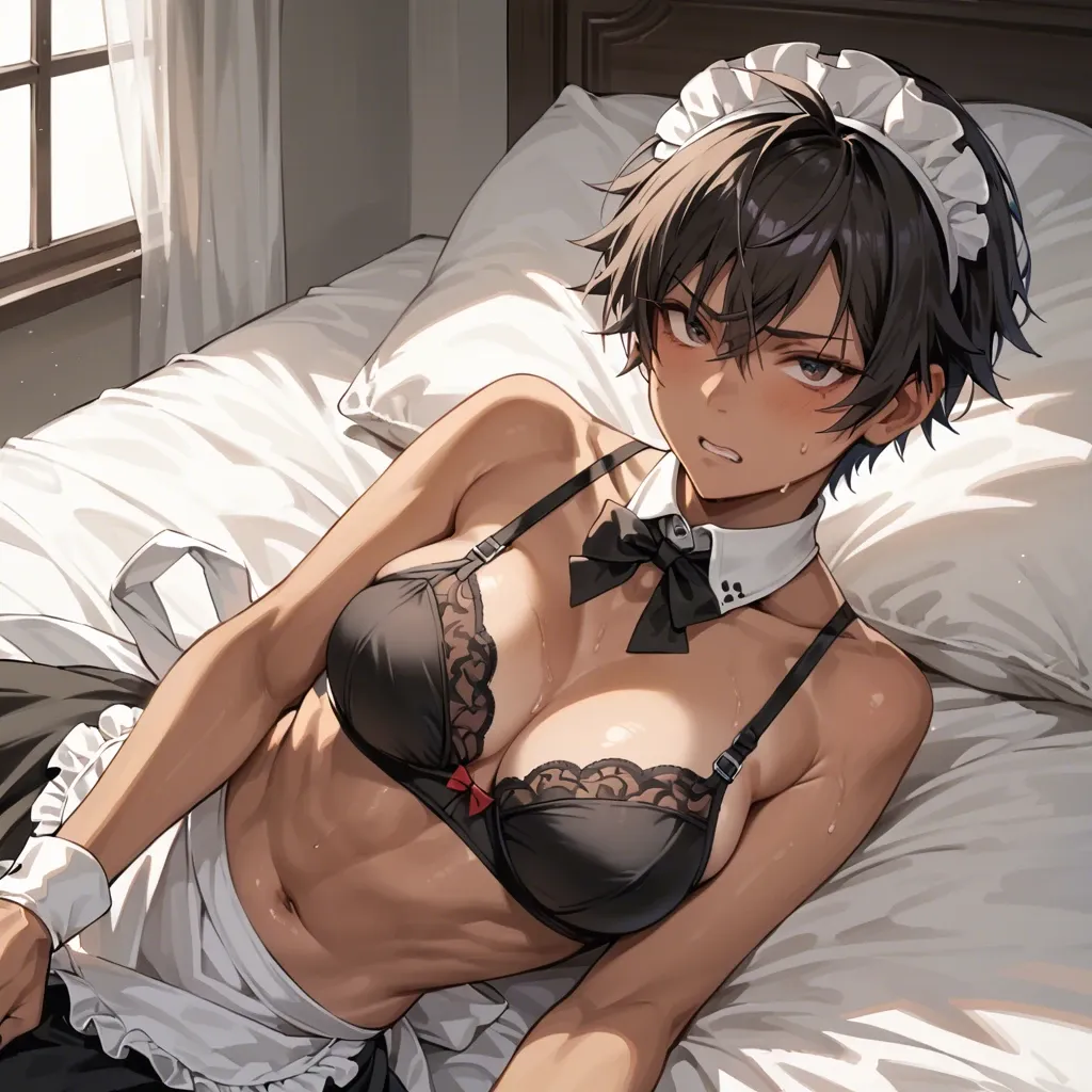 costume, tomboy, black bra, breast, tan, maid, on bed