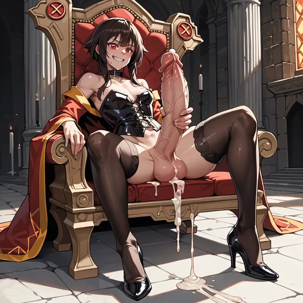 Megumin, bdsm, futanari, black heels, black corset, crazy smile, thick hips, solo, gigantic penis, throne, black stockings, handjob, cum