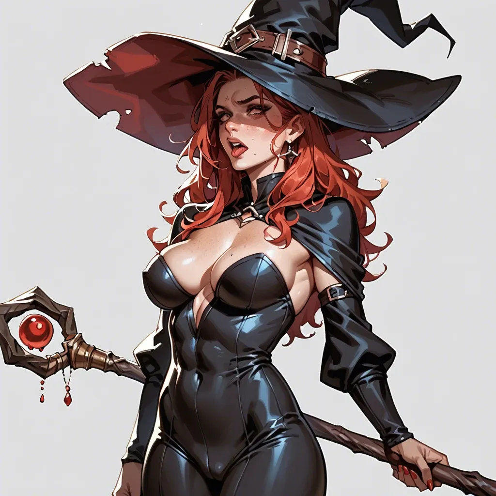 Red haired witch, freckles, shy, licking Magick staff, fit, tight clothes