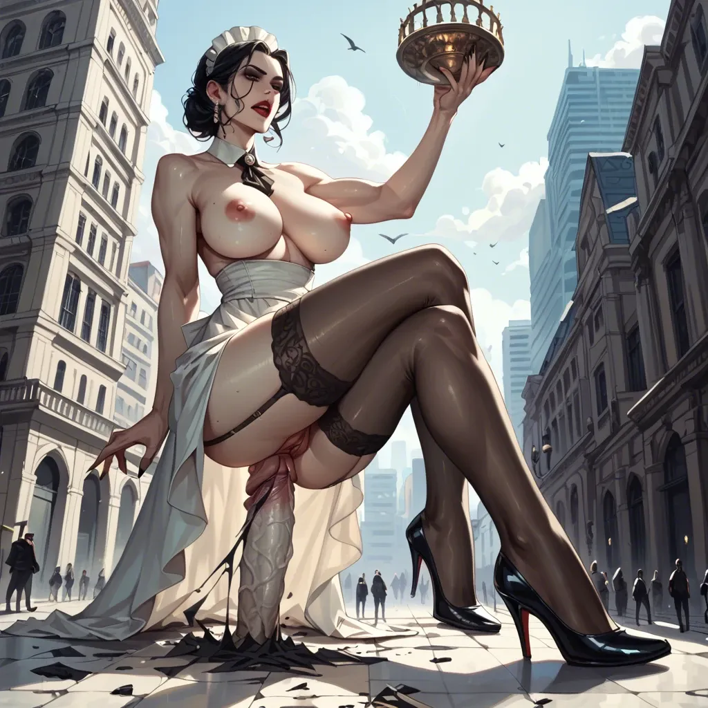 Lady Dimitrescu, maid, Giantess, heels, stockings, naked, gigantic boobs, destroyed the city, futa, huge cock, breast expansion