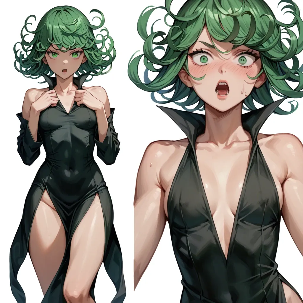 1girl, solo, , , , character tatsumaki, perfect face, (beautiful green eyes), shock,  surprised, skinny, in black dress, multiple view, multiple art, comic grid