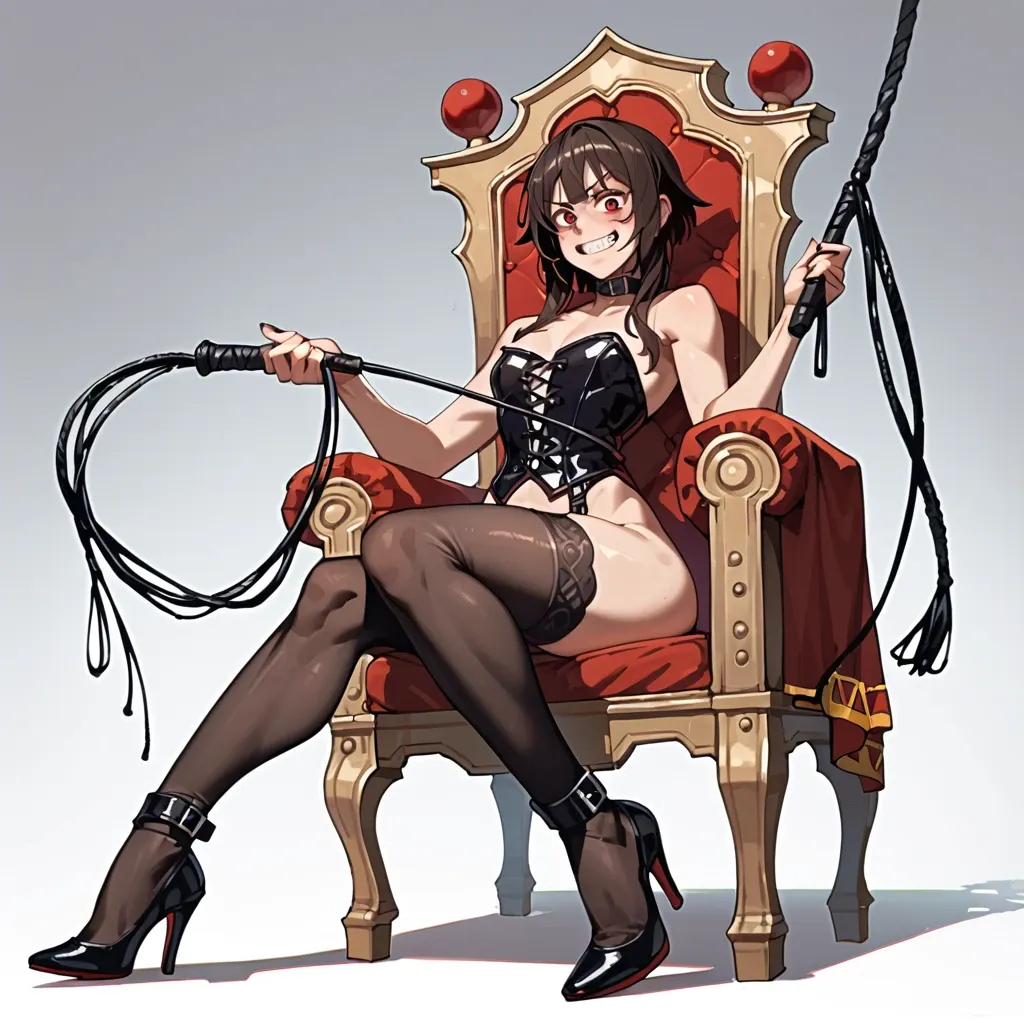 Megumin, bdsm, futanari, black heels, black corset, whip, crazy smile, thick hips, solo, biggest penis, throne, black stockings, beckons, spits