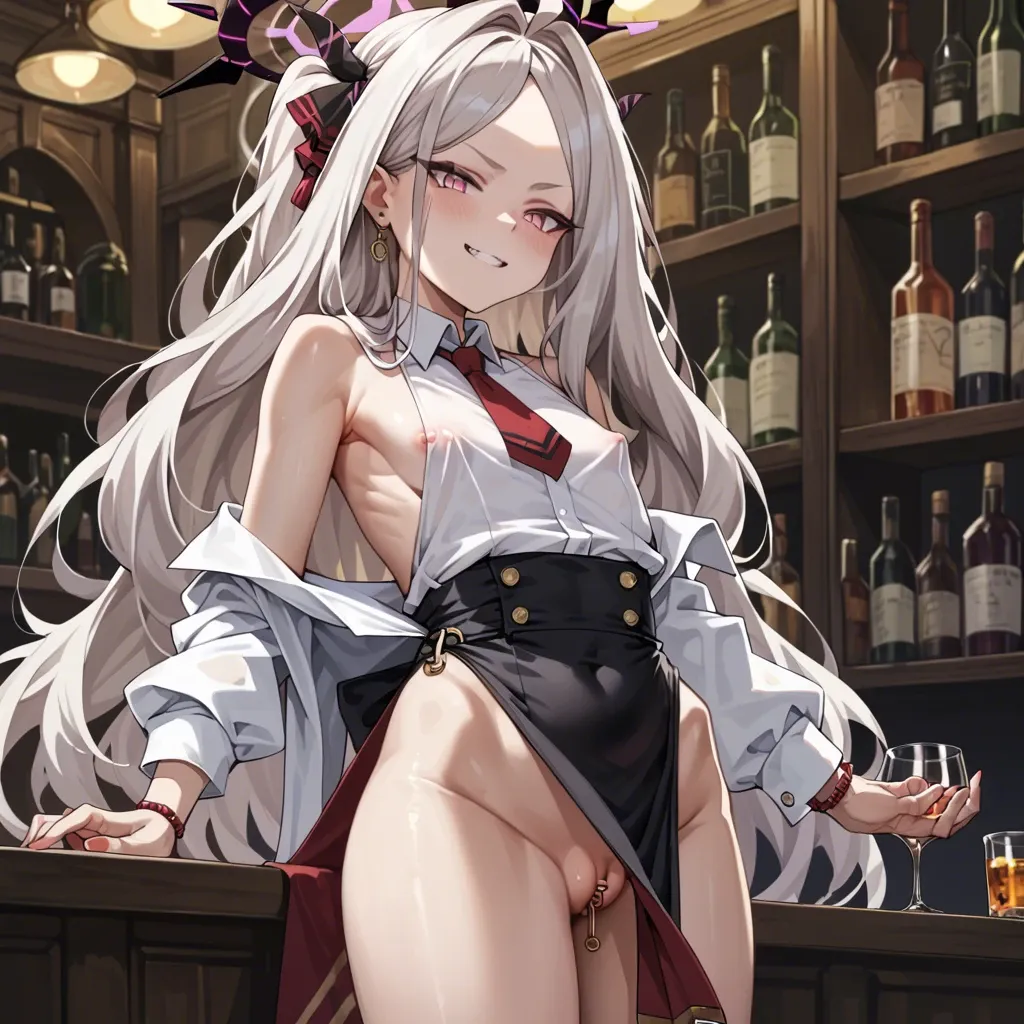 wrato, solo, hina (blue archive), bartender suit, cat smug, white shirt, sideboob, high-waist loincloth, lifted loincloth, highleg, chastity piercing, flat chest, puffy boobs, puffy pussy