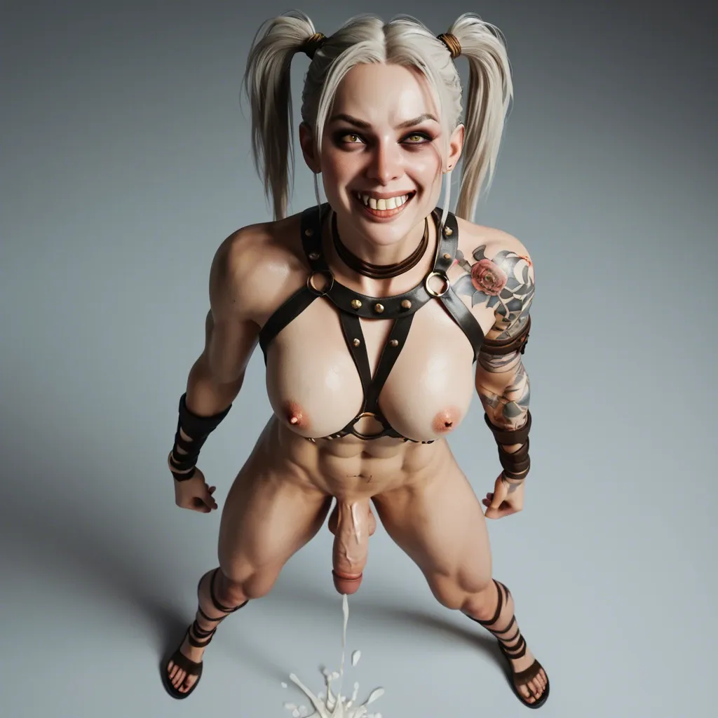 Femboy, veiny penis,large breast,ejaculation, gapped teeth,3d,slender crooked nose,white paled,slim contexture,high angle full body,evil smile,tattooed,gladiator clothes, muscular ,pigtails, diastema,