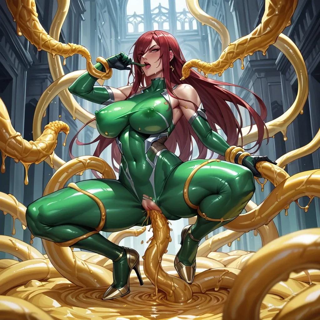 1girl, green taimanin Tight tunic, Erza Scarlet, penetrated by big gold tentacles, gold lines on body, High heels, tight slime background, huge body, Dancing prostitute, gold tentacles, green taimanin suit, over cums on latex oiled skin, sex with anal balls