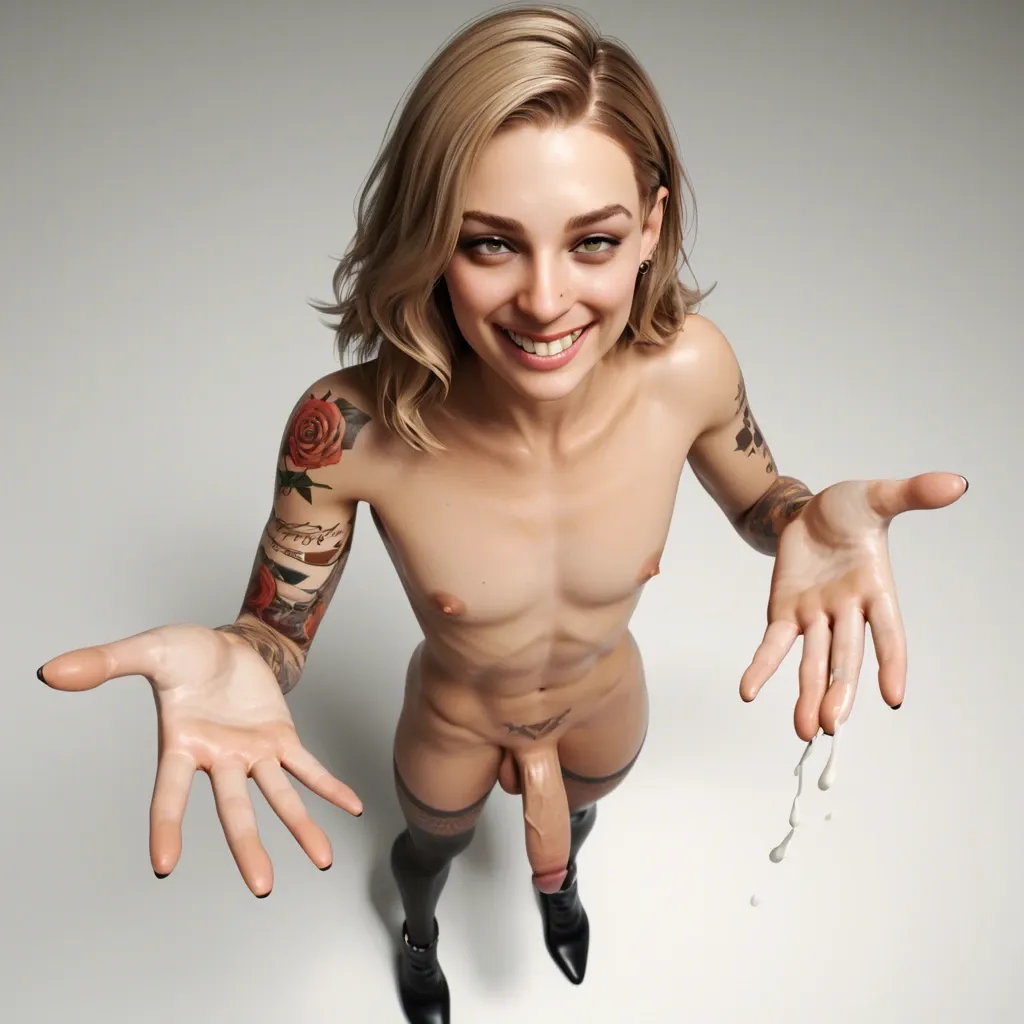 Femboy, medium penis,big balls,solo,3d,slender crooked nose,white paled,slim contexture, bob dark blonde hair,high angle,big smile,tattooed,big hands, ejaculation, witch hazel,