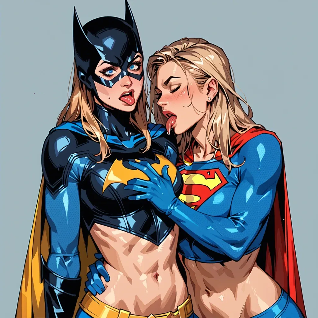 Supergirl, Batgirl, 2 girls, licking stomach, midriff