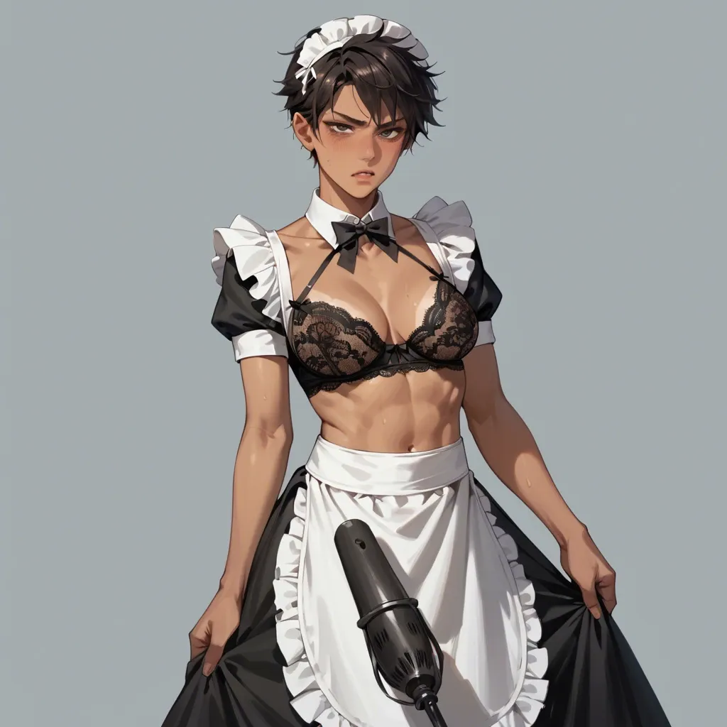 costume, tomboy, black lace bra, breast, tan, standing, maid