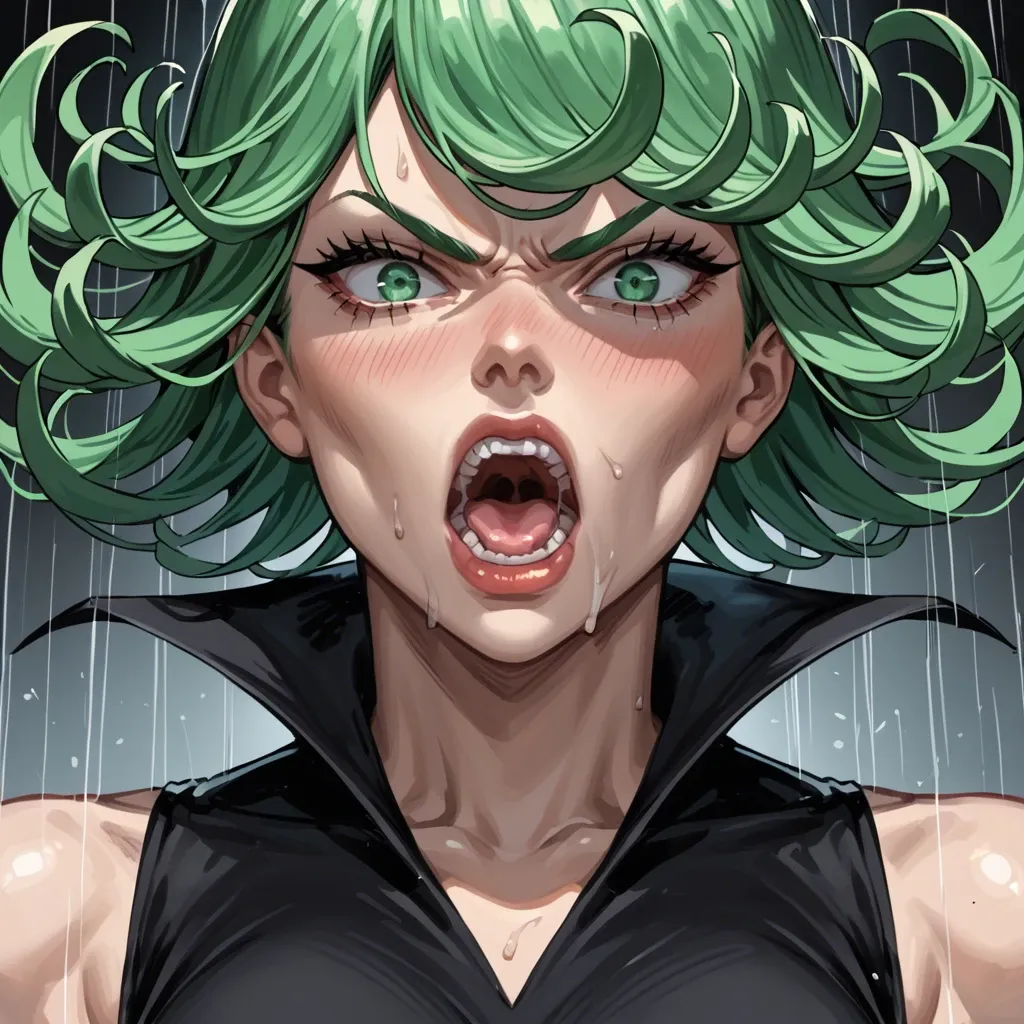 1girl, solo, , , , character tatsumaki, perfect face, (beautiful green eyes), angry, scream, in black dress, (face view), multiple view, multiple art, comic grid