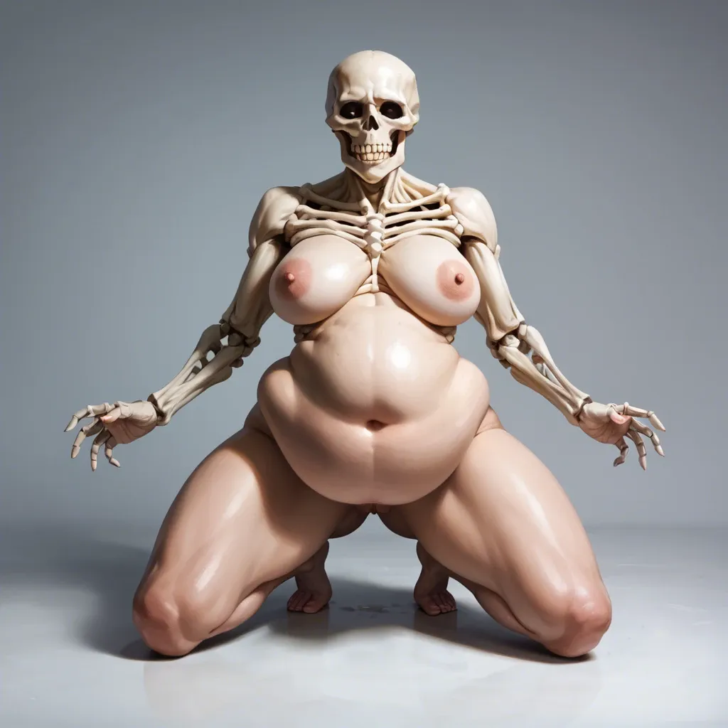 Super mega huge boobs, skeleton head, bone face, hourglass figure, massive ass, thicc, big belly, nude, full body, T-pose