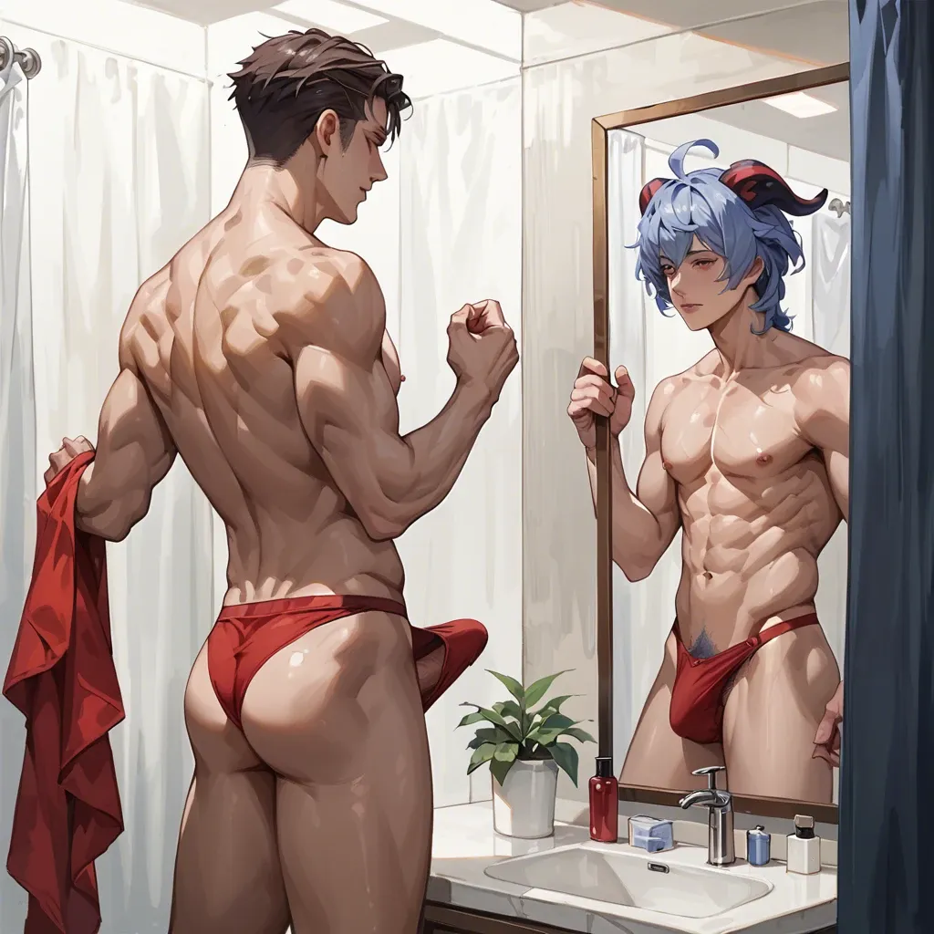 Two, Naked GanYu stands in front of a mirror in a fitting room, holding red silk underwear in her hands, back and side view, a man spies on GanYu through an open curtain