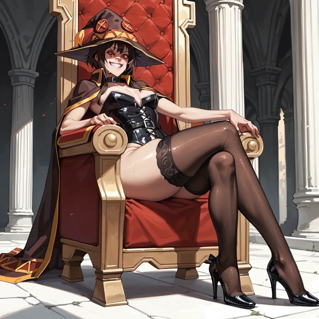 Megumin, bdsm, futanari, black heels, black corset, crazy smile, thick hips, solo, biggest penis, throne, black stockings, pats penis, giant penis