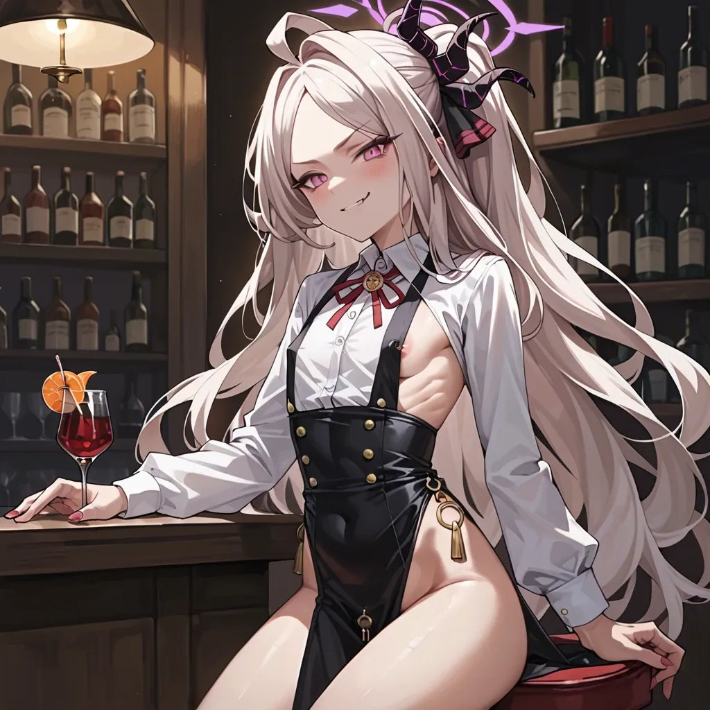 darkeros13, solo, hina (blue archive), sit, bartender suit, cat smug, white shirt, sideboob, high-waist loincloth, lifted loincloth, highleg, chastity piercing, flat chest, puffy pussy