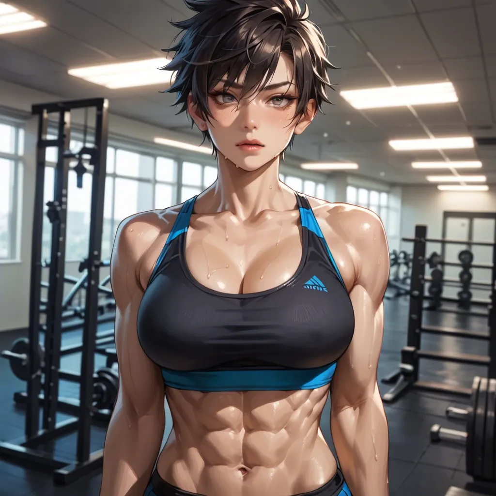 Tomboy, japanese, athletic, fit, muscular, sports bra, solo, gym, seductive pose, standing, beautiful