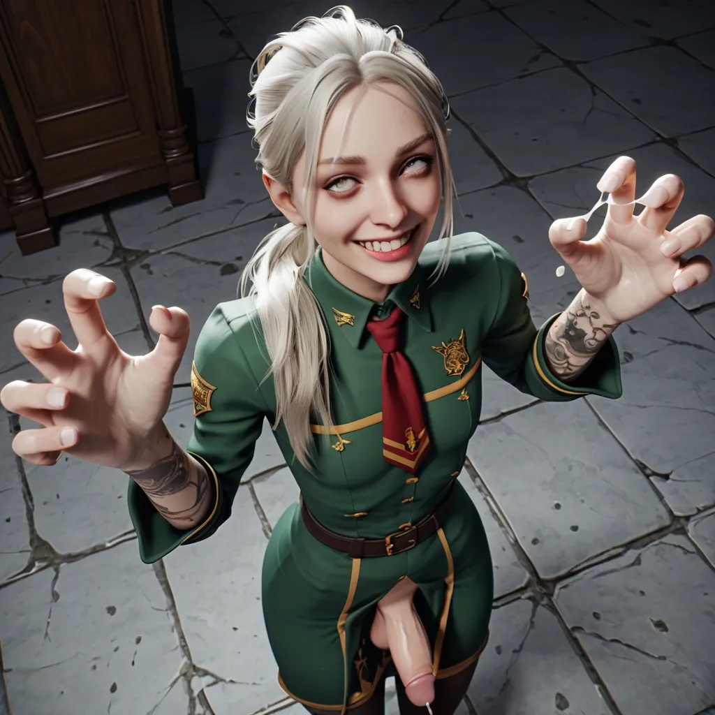 Femboy, medium penis,big balls,solo,3d,slender crooked nose,white paled,slim contexture, ponytail platinum blonde hair,high angle,big smile,tattooed,big hands, ejaculation, Hogwarts uniform,