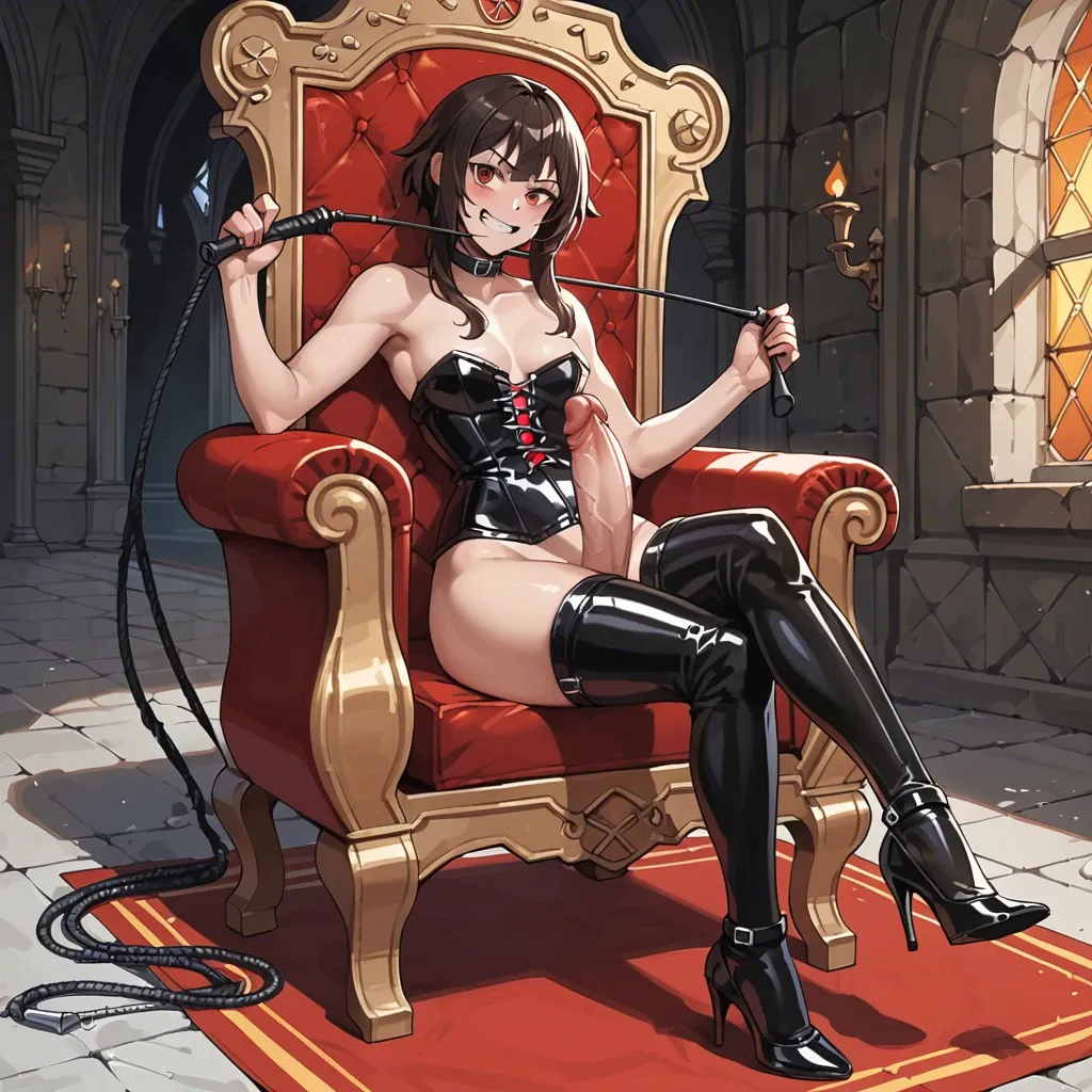 Megumin, black latex, bdsm, futanari, heels, corset, whip, crazy smile, thick hips, solo, biggest penis, throne, stockings