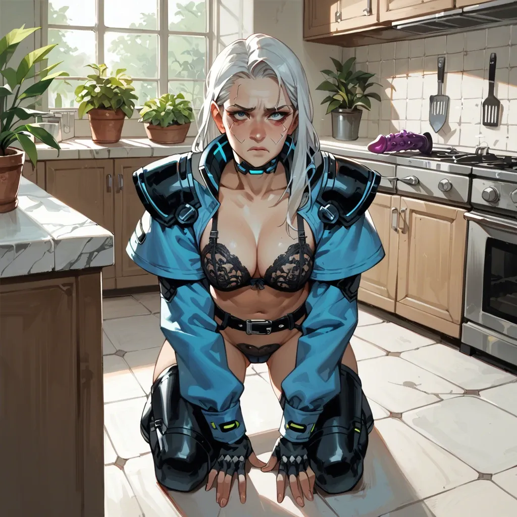 1girl,solo, , , , cheek press,girl kneeling,hard nipple,hips,shoulder pads, blue jacket,white lace,black belt,black lace bra,thigh boots, in a kitchen, gardens, cyberpunk, spiked dildo, hyper-realistic, deep shadows, spider-gwen, asuka