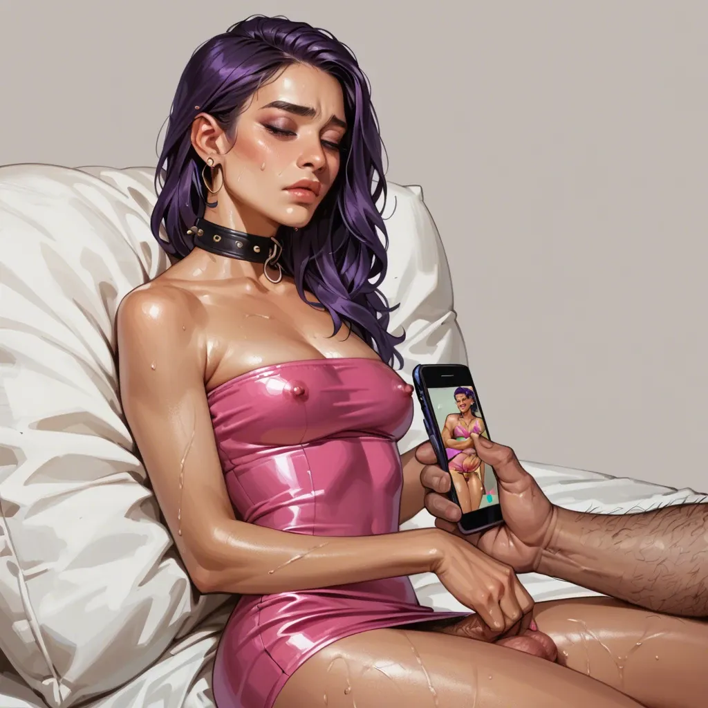 1 fat hairy nasty grandpa man, 1 futanari young skinny Beauty latina naughty latex Teenie girl, Minidress, purple hair, cuddling, petting, Mutual masturbation, looking at Phone, shy, aroused, submissive, wet, collar, Red lips, nerdy glasses, eyeshadow, Fake tits