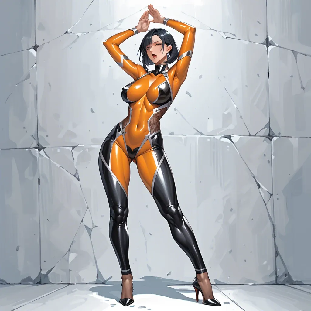 1girl, orange taimanin tight tunic, Ada Vong, Dancing prostitute, many golg lines on body, huge body,high heels, navel piersing, curve pose, wall with slimed mucos on background, taimanin skinsuit,