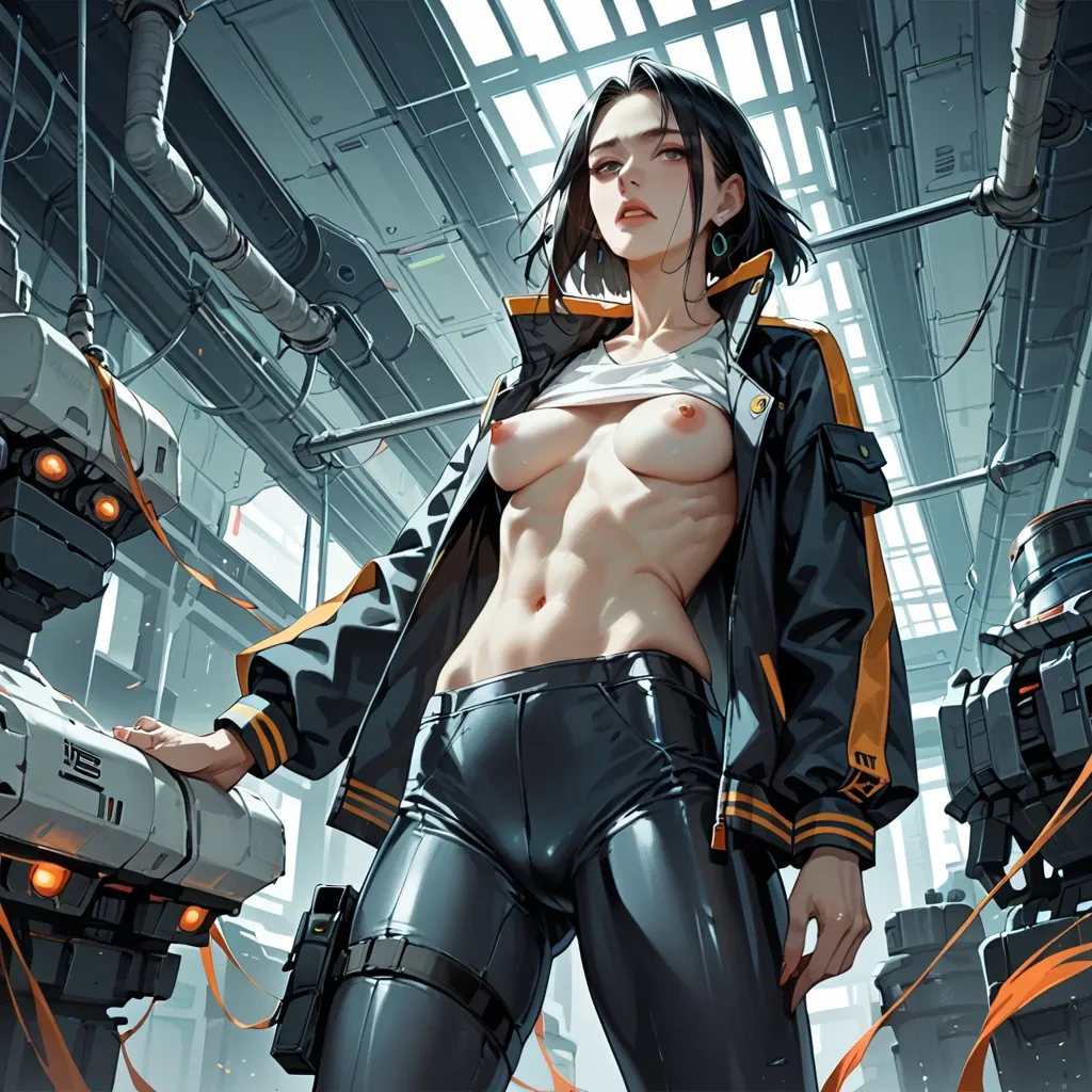 skinny chinese girl with skinny body and big tits. She wears futuristic clothing: futuristic pants, shirt and futuristic jacket. Futuristic accessories, sci-fi ship