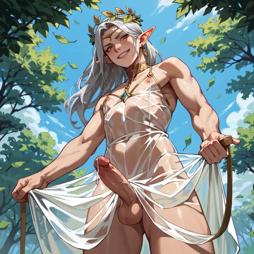 Male, solo, elf, femboy, penis focus, transparent dress, leaf crown, prince, tall, dominant, silver hair, smirking, precum, holding golden leash, from below