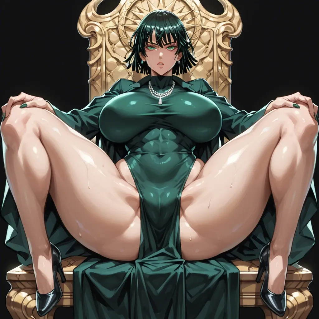 1 girl, Fubuki (one punch man), sitting on throne, black background, full wearing, massive ass, huge breast, tight clothes, focus upper body, ultra high quality