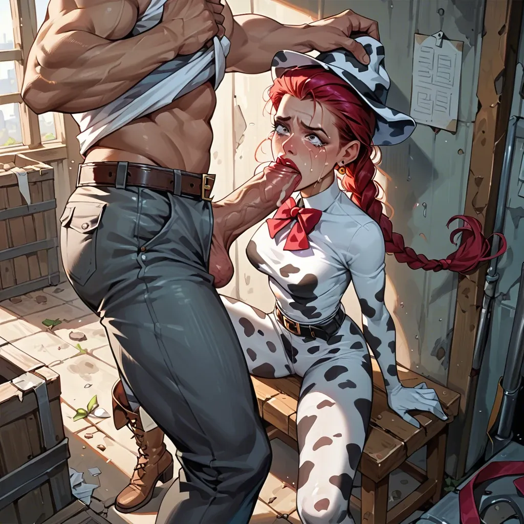 Jessie from Disney Toy Story  hat, red hair, braid, bow, belt, animal print, cow print, pants, boots  Dirty boy fucks crying girlfriend with his huge dick