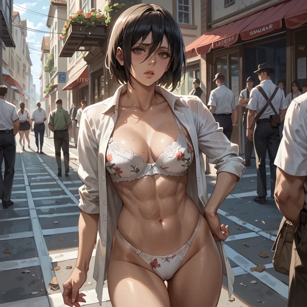 Mikasa mature woman,in the streets people watching,bra panties floral,