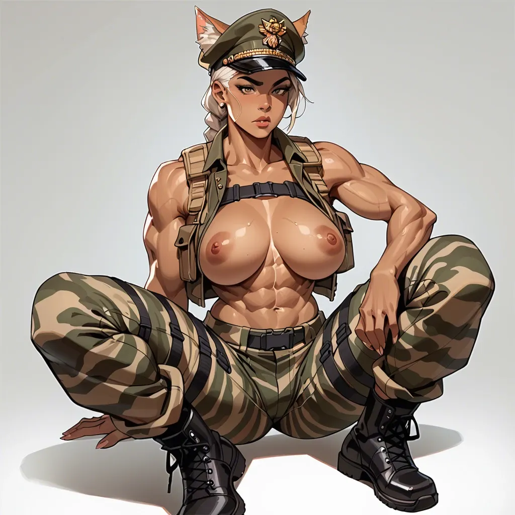 Brown skin with tigerstripes , very muscular , foxgirl , she is wearing camo pants , her military vest is barely covering her gigantic brown breasts , wearing military cap and combat boots , foxears showing under cap , fluffy white/brown foxtail , (white single braid hair) , (tigerstripes on gigantic brown ass) , (gigantic brown breasts) ,(brown skin with tigerstripes) ,