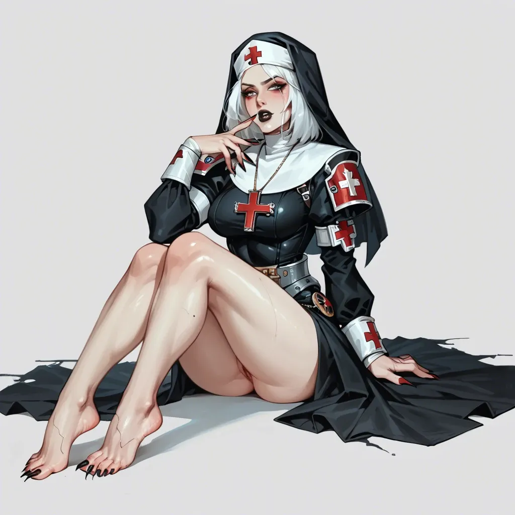 Warhammer 40k. Female spacemarine medic. Red nun veil. White hair. Black lips. Sharp toe nail, long toe nails. Clawed toes.  Armor.