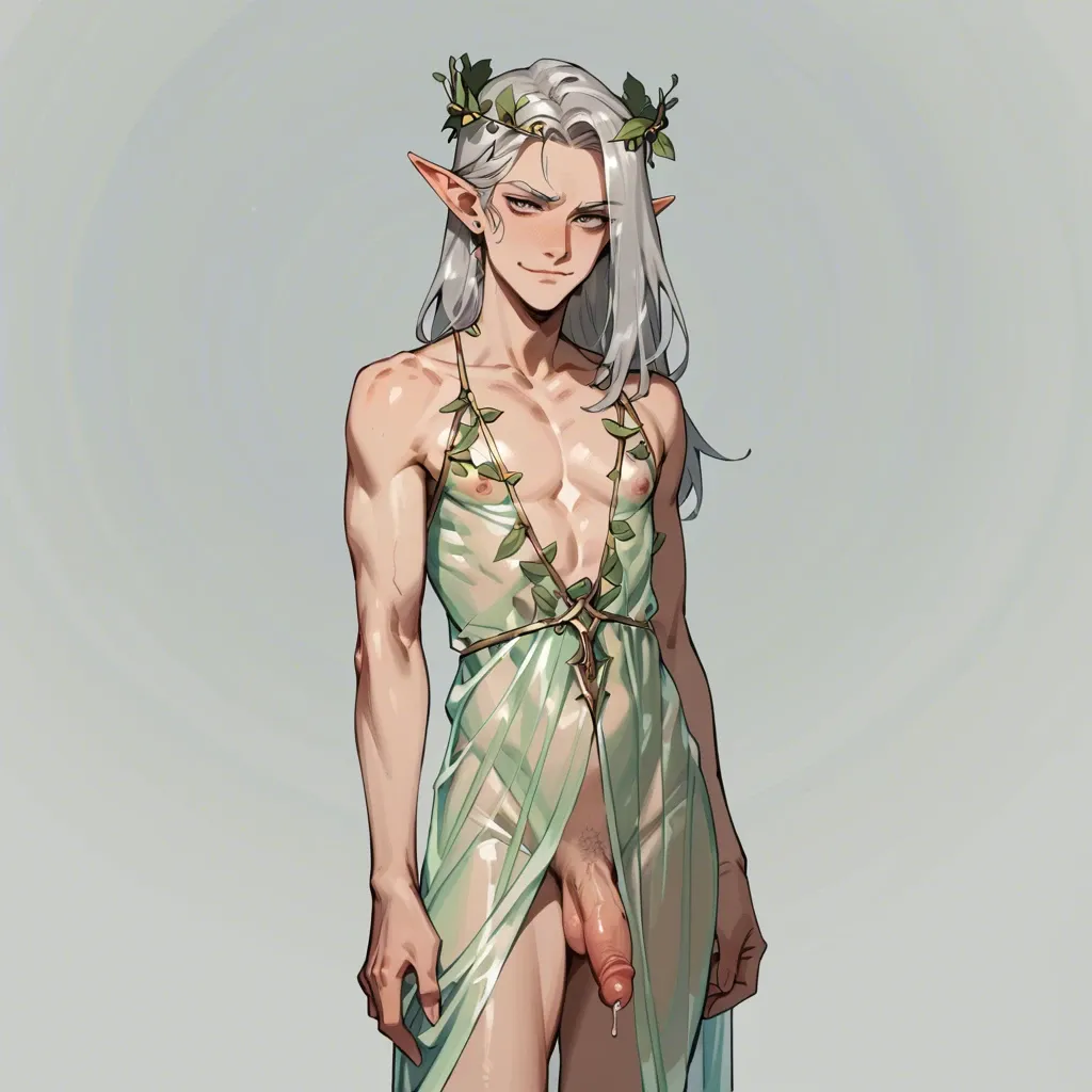 Male, solo, elf, femboy, penis focus, transparent dress, leaf crown, prince, tall, dominant, silver hair, smirking, staring,  precum, bedroom