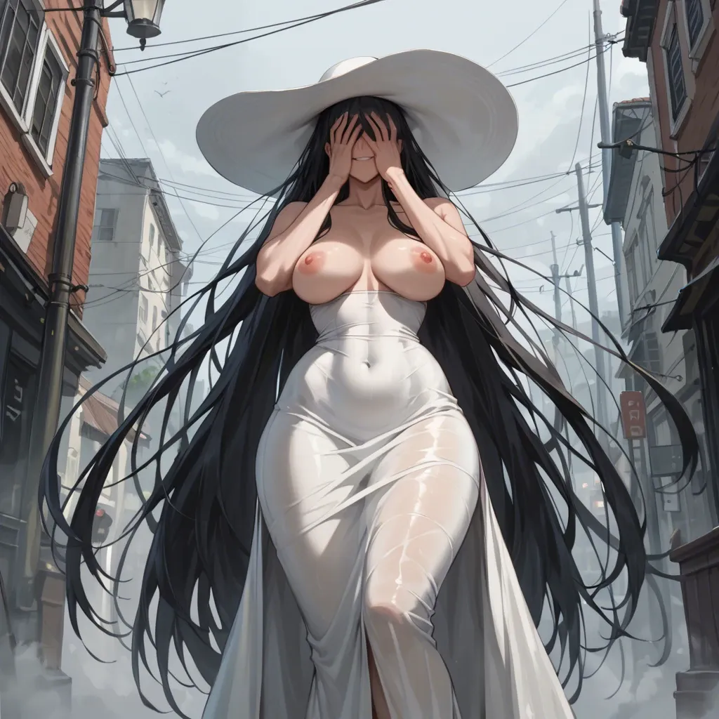 very tall woman, long white dress, big white hat covering face, extremely long dark hair, extremely enormous tits, very wide hips, dark street, fog, exposed nipples, evil smile, topless, bellow view, massive hard penis